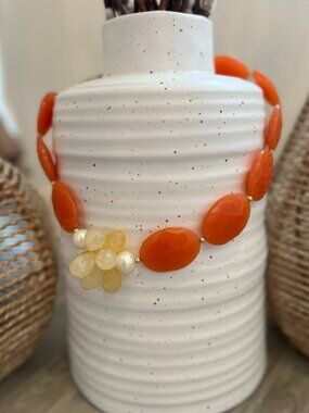 Lydell NYC Orange W/flower Faceted Necklace aprox 21”